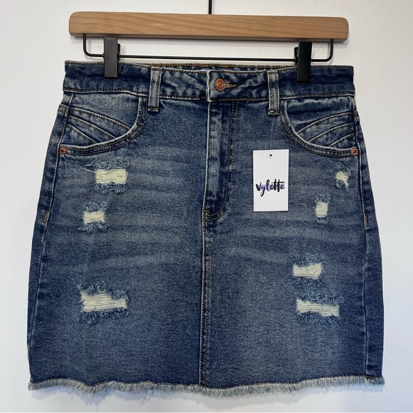 Vylette Distressed Denim Mini Skirt / Jean Skirt Frayed Hem Juniors Size 7 - Picture 8 of 8